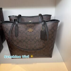 NWT Coach Medium City Tote Bag In Signature Canvas Gold/Walnut/Black CDX82